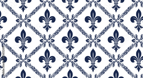 Elegant fleurdelis pattern isolated on white background, showcasing a timeless design with classic french motifs in a repeating, stylish arrangement