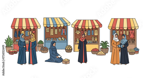 Traditional Middle Eastern Marketplace with Women in Hijabs: Colorful stalls selling goods, vibrant illustration of culture and commerce, bazaar scene, shopping experience, traditional dress, travel