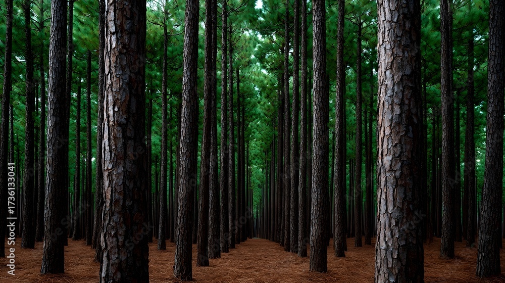 Obraz premium A tranquil, dense pine forest with towering trees and a natural pathway winding through the lush, verdant environment, creating a peaceful and scenic landscape.
