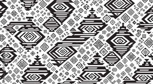 Intricate black and white geometric pattern isolated on white background featuring diamond shapes, lines, and tribal motifs, creating a visually striking design
