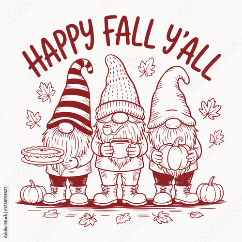 happy fall yall gnome t shirt design cute autumn thanksgiving pumpkin pie coffee drink cozy seasonal humor art