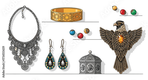 Exquisite Collection of Middle Eastern Jewelry and Cultural Artifacts: Necklace, Ring, Earrings, Beads, Box, and Falcon Pin Displayed on a White Background