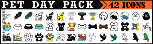 Pet Day icons pack with animals and accessories.

