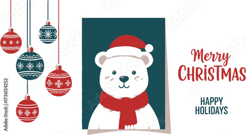 Festive christmas polar bear with ornaments and holiday text