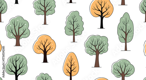 A charming pattern of stylized trees in autumn and spring colors.