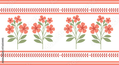 Floral border isolated on white background with delicate pink blossoms and leafy vines, creating a charming and elegant design perfect for adding a touch of nature