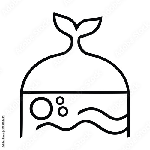 Stylized black and white line art of a fishbowl with a fish tail and bubbles. With a fishbowl, aquarium, vector illustration. 