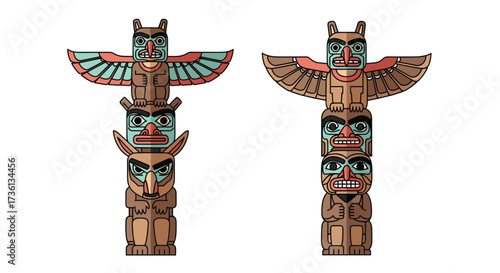 Two colorful totem poles with carved animal faces and symbols on a white background.