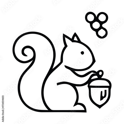 Stylized Line Art Squirrel Holding an Acorn with Berries food animal, vector illustration. 