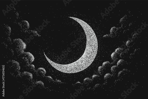 Black and white dotwork illustration of a crescent moon surrounded by clouds, hand-drawn stippling style celestial artwork with atmospheric night sky