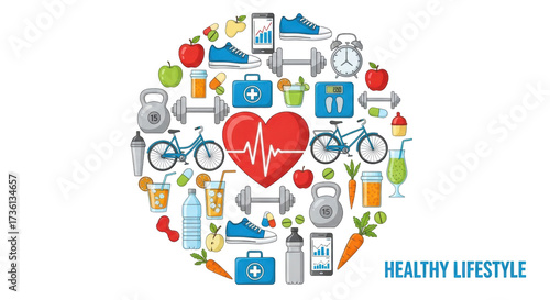 Wallpaper Mural Isolated elements for a healthy lifestyle concept in vivid colors on a modern layout design Torontodigital.ca