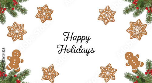 Happy holidays with gingerbread cookies and christmas trees