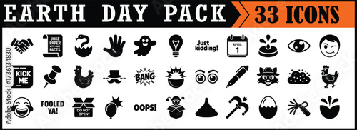 Black Earth Day icon pack with 33 eco symbols.
