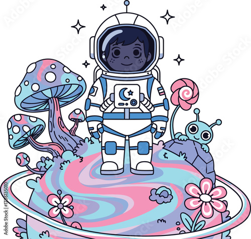 Cartoon Character Vector Illustration of Child Astronaut Exploring a Fantasy Planet. Imagination, Ambition, and Discovery Concept