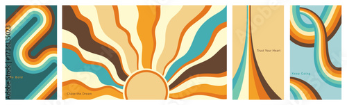 Retro 70s abstract posters with rainbow stripes and groovy curves. Vintage geometric vector set in hippie style. Colorful background for artwork, fashion print and wall decor.	
