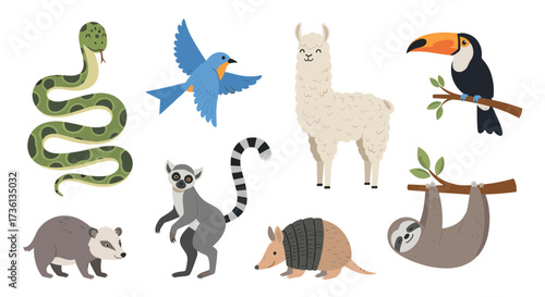A collection of diverse animals in a playful illustration style.