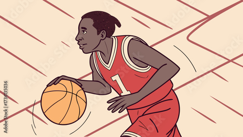 Illustration of a young black basketball player dribbling the ball while playing on the court, showcasing his skills and passion for the game