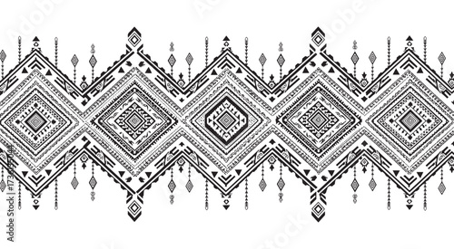 Intricate tribal pattern isolated on white background with diamond shapes, showcasing a handdrawn aesthetic and a unique blend of cultural artistry