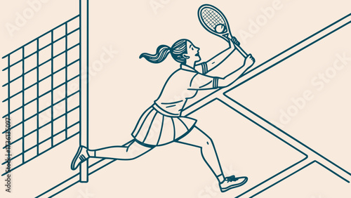 A tennis player is hitting the ball with her racket, she is running on the court