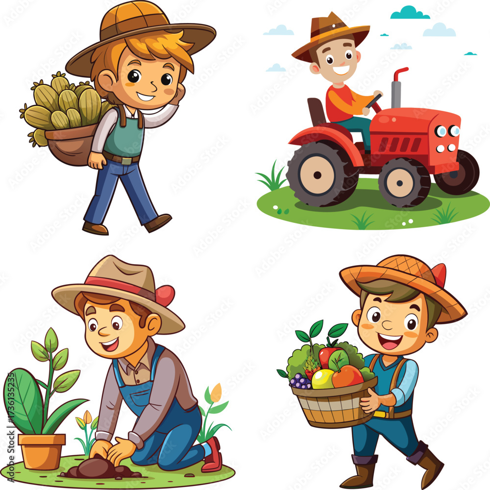 Obraz premium Cartoon Farming Characters in Agricultural Activities