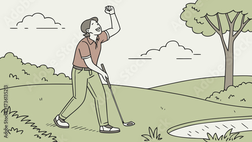 A man celebrating a successful golf shot on the green, golfer raising his fist in victory after sinking a putt
