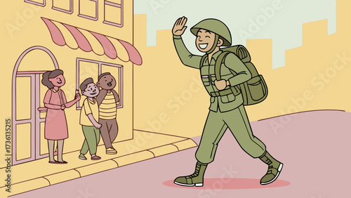 A soldier waves goodbye to his family as he leaves for deployment, showing the love and support between them during this difficult time