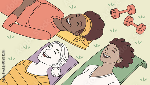 Three diverse women are resting after a workout session, lying on mats in a park, smiling and enjoying the sun, dumbbells nearby, healthy lifestyle