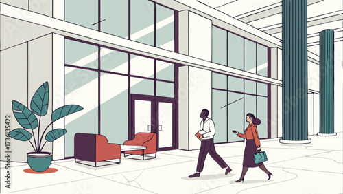 A modern office lobby scene depicts business professionals walking through a spacious area with large windows, potted plants, and stylish furniture