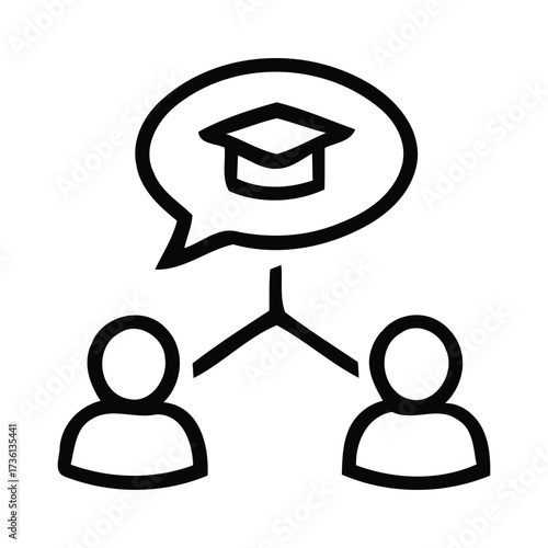 Two people connected to a speech bubble with a graduation cap icon, education, learning, knowledge, communication, vector illustration.