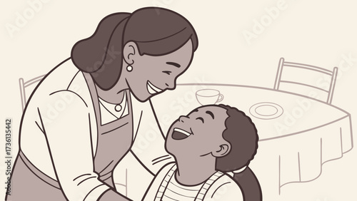 A heartwarming illustration captures a tender moment between a mother and her child, sharing laughter and joy in a cozy, domestic setting