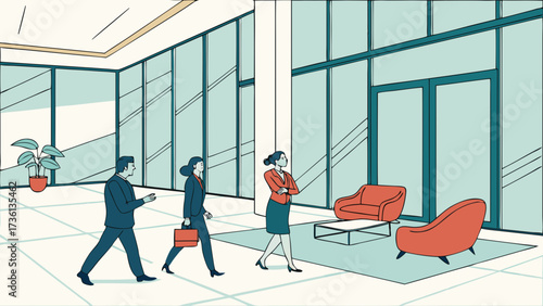 A contemporary office space showcases business professionals in motion, with modern furniture and expansive windows creating a bright and welcoming atmosphere