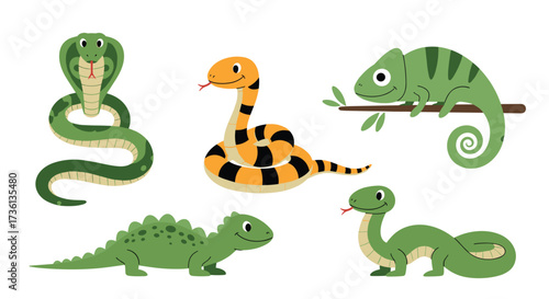 A collection of colorful reptile illustrations and cute cartoon animals.