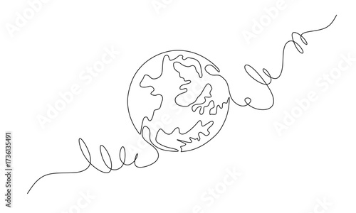 Happy earth day banner by green continuous single line drawing heart embrace and world map isolated on white background for banner in concept environment