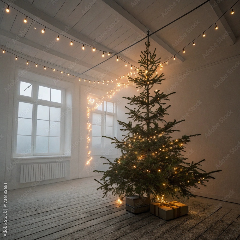 Fototapeta premium Christmas tree with garland in an empty atmospheric room