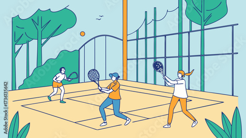 Three people are playing paddle tennis on an outdoor court surrounded by trees, enjoying a sunny day with friends and family in a park setting