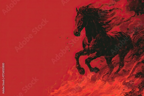 Bold red poster design with prancing horse and fire motif, Chinese brush calligraphy elements