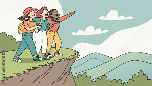 Three happy girls are hiking in the mountains, enjoying the view, with backpacks, wearing hats, on a sunny day, in the summer season