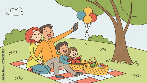 A happy family is having a picnic in the park, taking a selfie, with balloons, basket with food, under a tree, on a blanket, in the summer season