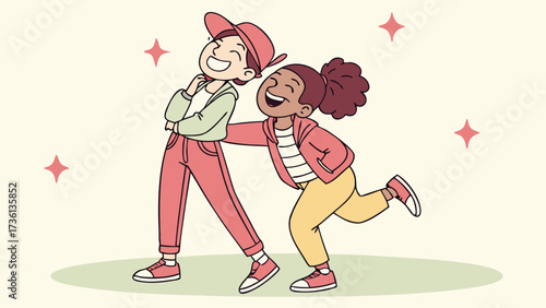 Two cheerful girls are laughing and having fun together, one girl is hugging another girl from behind, expressing joy and friendship
