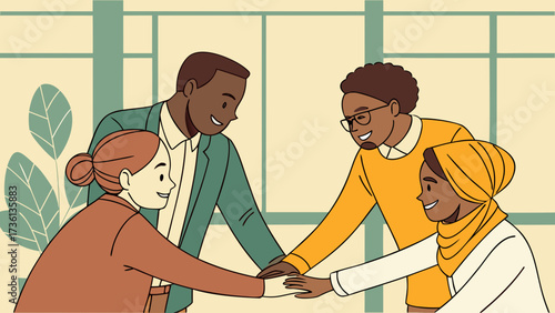 Diverse business team putting hands together in unity, symbolizing collaboration, teamwork, and shared success in a modern office setting