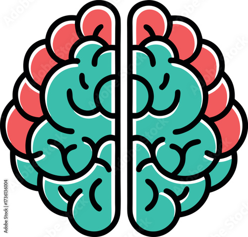 Vector art of stylized brain illustration with teal and coral lobes, showcasing cognitive function and mental health