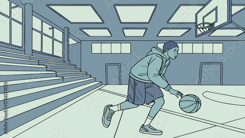 A basketball player dribbling the ball in a gymnasium with bleachers and windows, showcasing the sports action and indoor setting