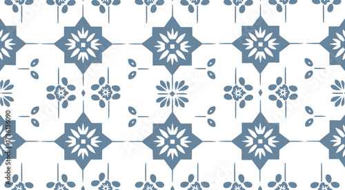 Elegant blue and white seamless pattern isolated on white background featuring stylized floral and geometric elements, creating a sophisticated and timeless design for various applications
