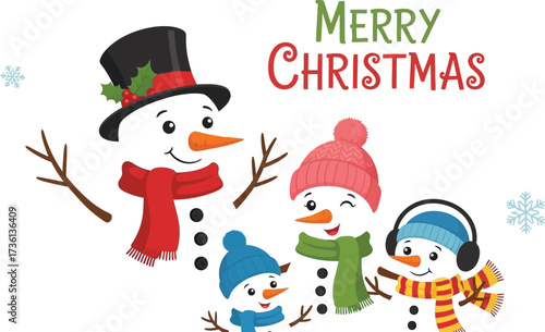Cheerful snowman family wishes merry christmas with snowflakes