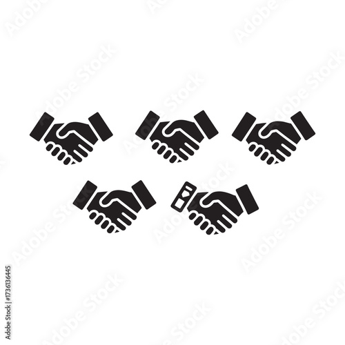 A set of five black handshake icons symbolizing agreement, partnership, and business deals.