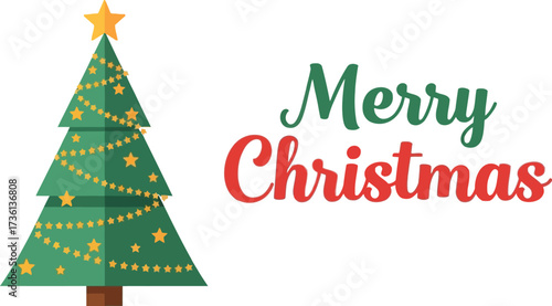Decorated christmas tree with merry christmas greeting card