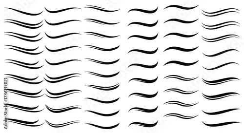 Assortment of Black Swirls and Flourishes on White Background Keywords: swirl, flourish, underline, accent, design element, graphic, decoration, ornamental, curve, line, stroke, brush stroke, ink