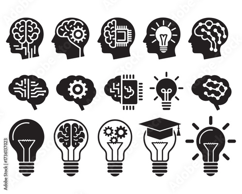 A collection of black icons representing concepts of intelligence, ideas, innovation, and artificial intelligence.