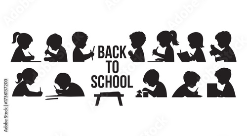 Back to School Children Silhouettes Studying at Desks