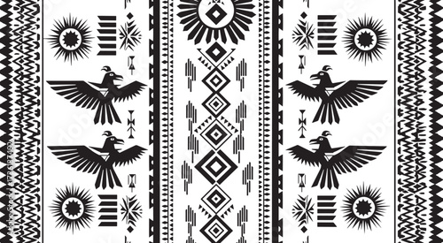 An intricate black and white pattern isolated on white background featuring stylized birds, geometric shapes, and tribalinspired designs for a bold statement